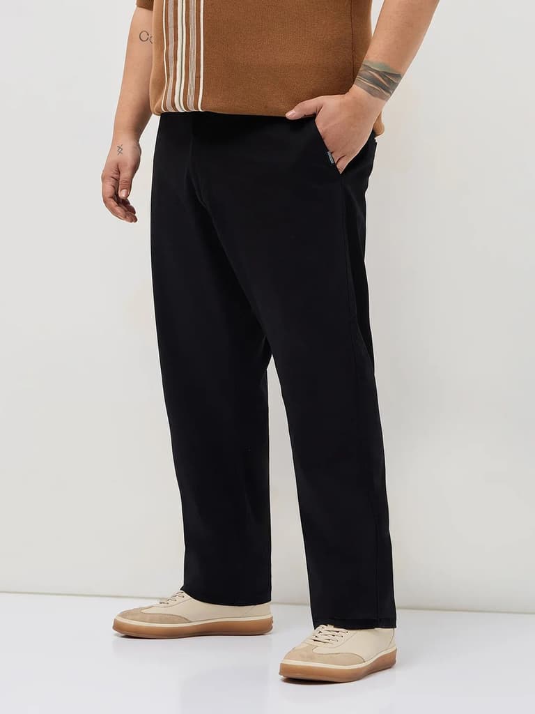 Plus Men's Black Straight Fit Mid Rise Cotton Casual Chinos Trousers Stretch — photo 2