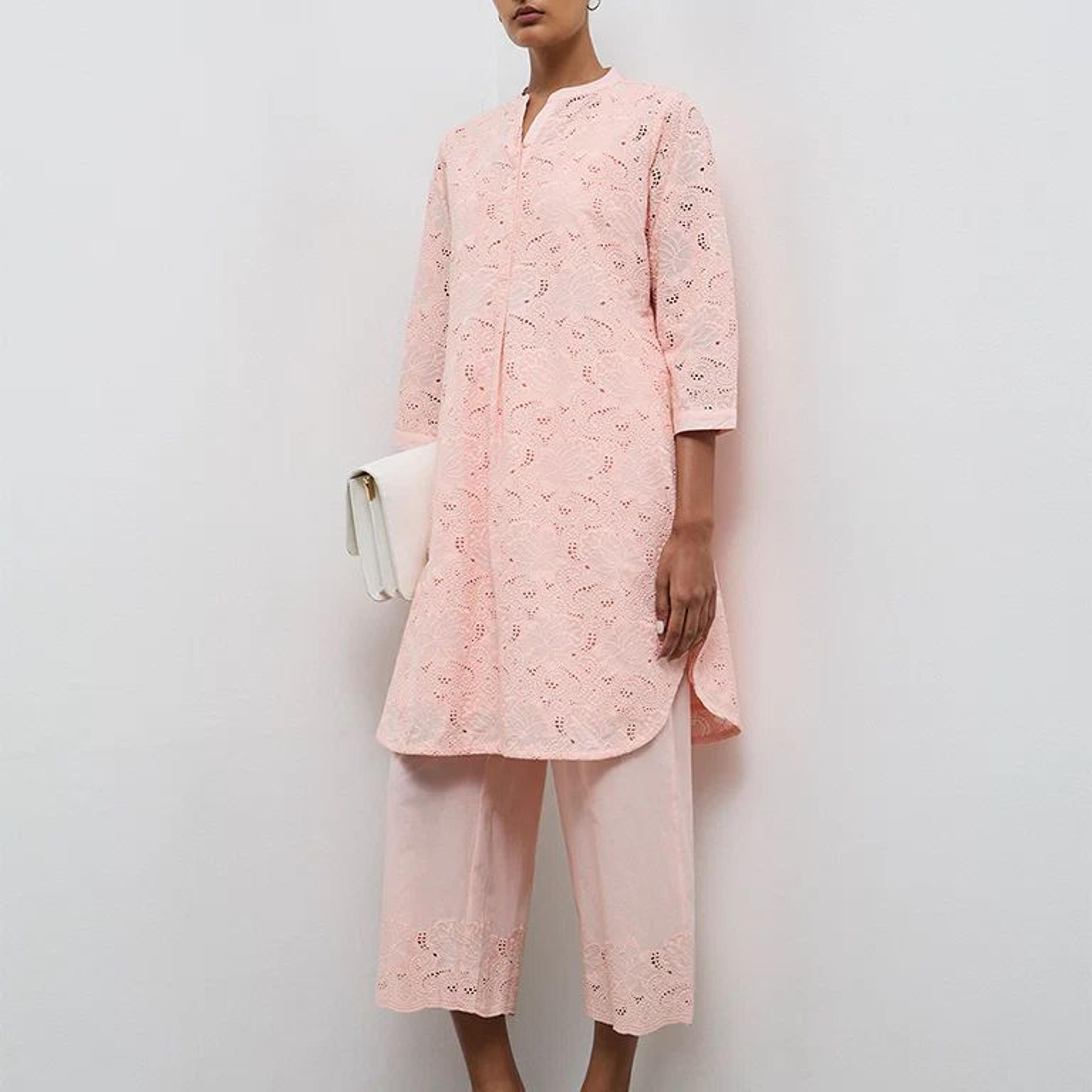 Zuba Peach Floral Embroidered A-Line Cotton Ethnic Set