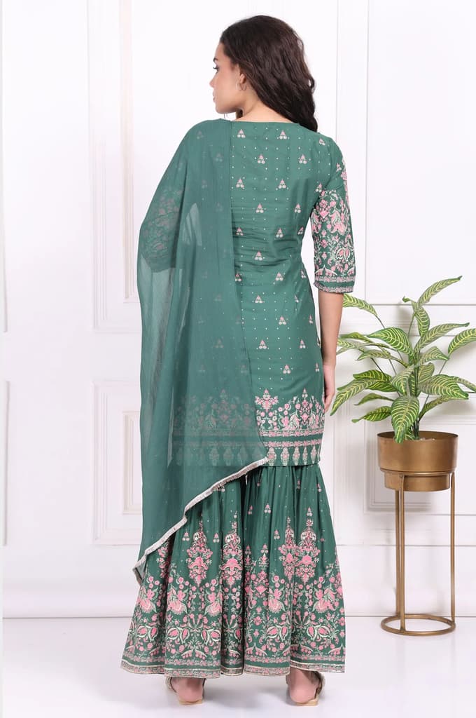 Green Floral Printed Embroidered Straight Cotton Kurta with Sharara and Dupatta Set — photo 5