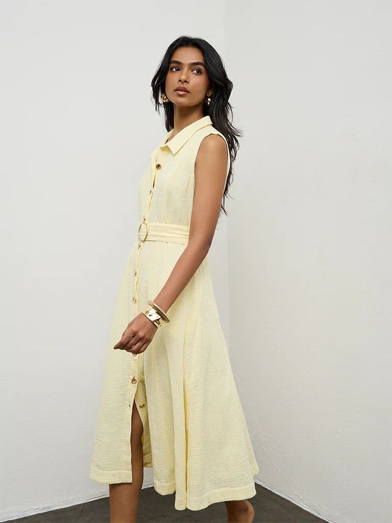 LOV Light Yellow Crinkle-Textured Cotton A-Line Dress — photo 2
