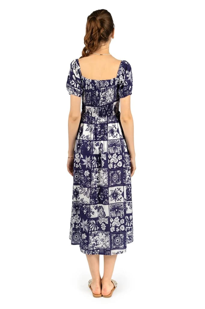 Blue & White Floral Rayon Fit & Flare Midi Dress — photo 2