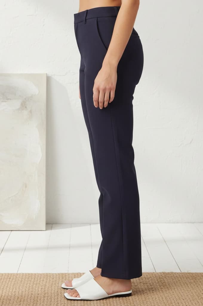 Navy Blue Solid Buttons Rayon Slim Fit Flared Boss Pants — photo 2