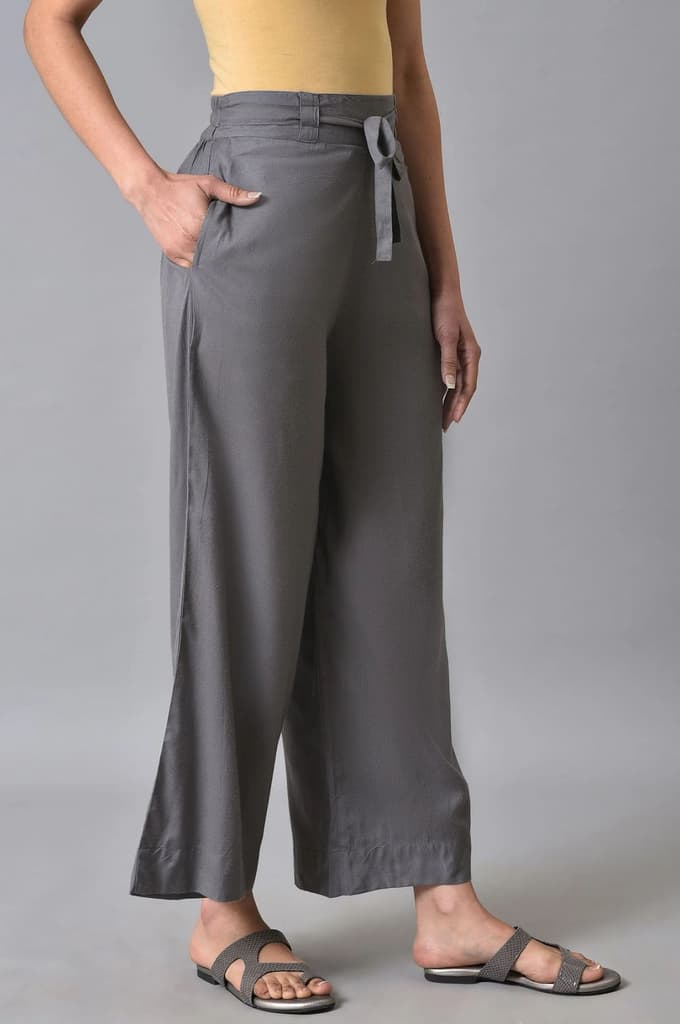 Grey Solid Flared Cotton Palazzo With Elasticated Waist — photo 4