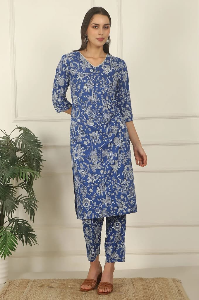 Blue Floral Printed Modal Straight Kurta and Pants Co-ord Set — photo 3