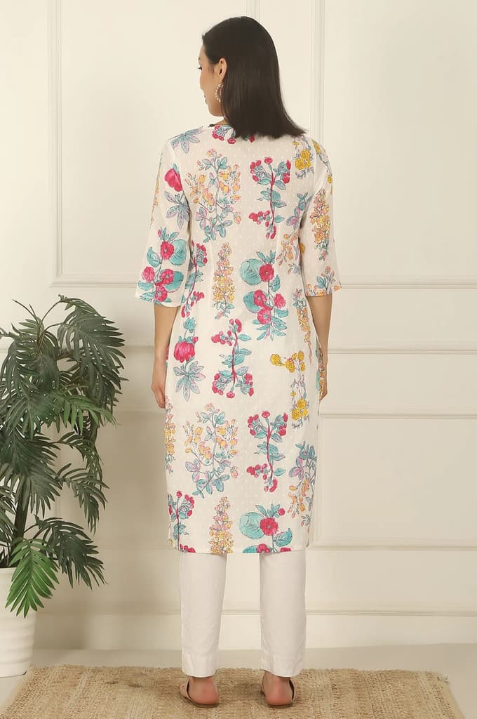 White Floral Printed Textured Cotton Straight Summer Kurta — photo 6