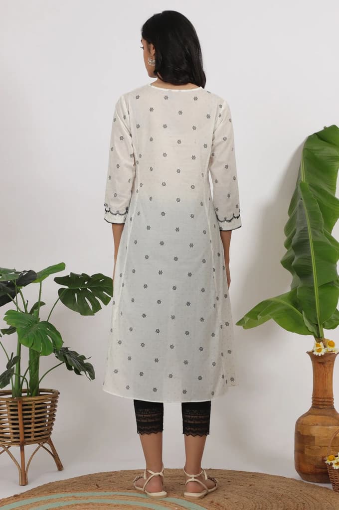 White Printed Cotton Lurex Dobby Flared Kurta with Embroidered Yoke — photo 6