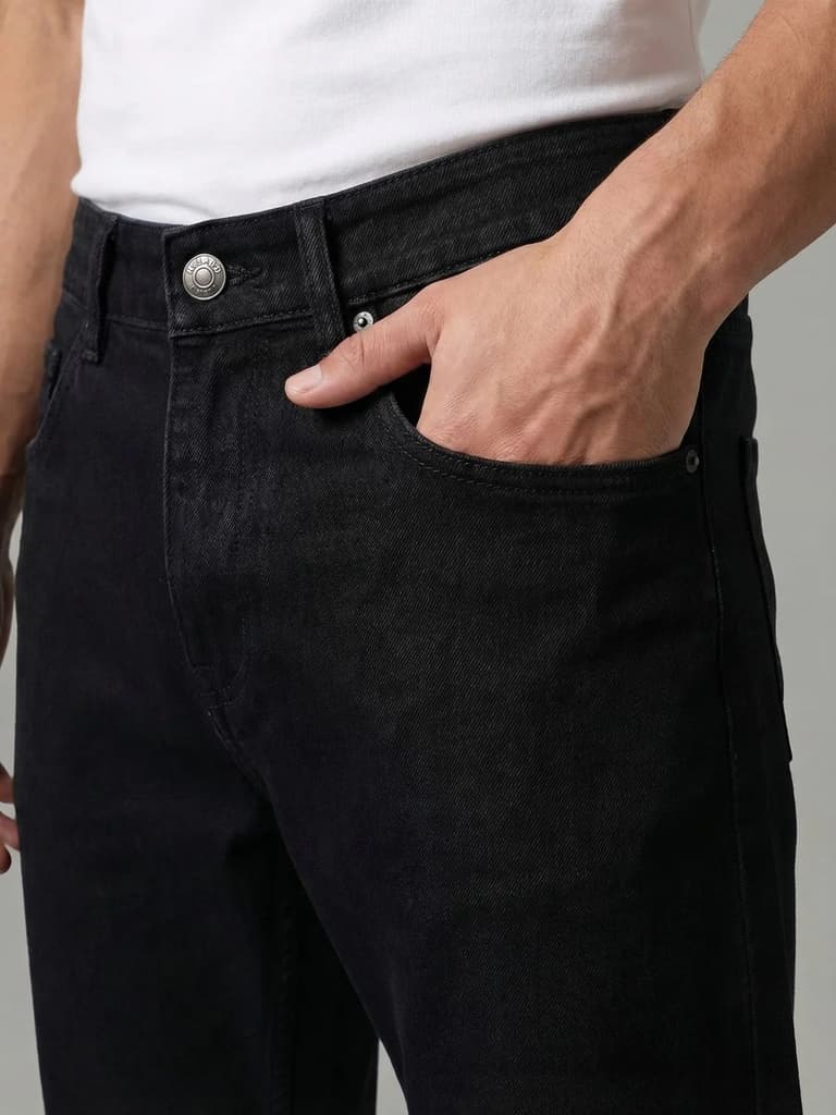 Men's Black Relaxed Fit Washed Denim Jeans Non-Stretchable — photo 5