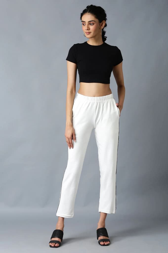 White Solid Straight Fit Cotton Pants With Elasticated Waistband — photo 5