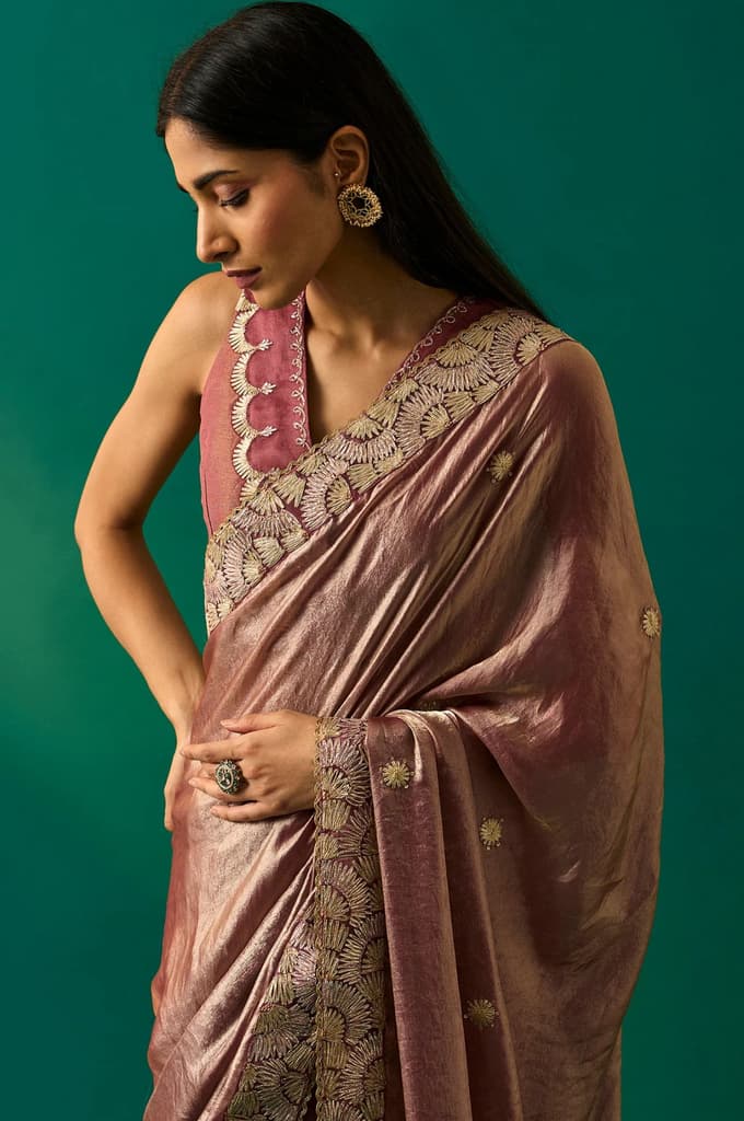 Pink Zari Embroidered Zari Work Banarasi Tissue Satin Saree with Unstitched Blouse — photo 2