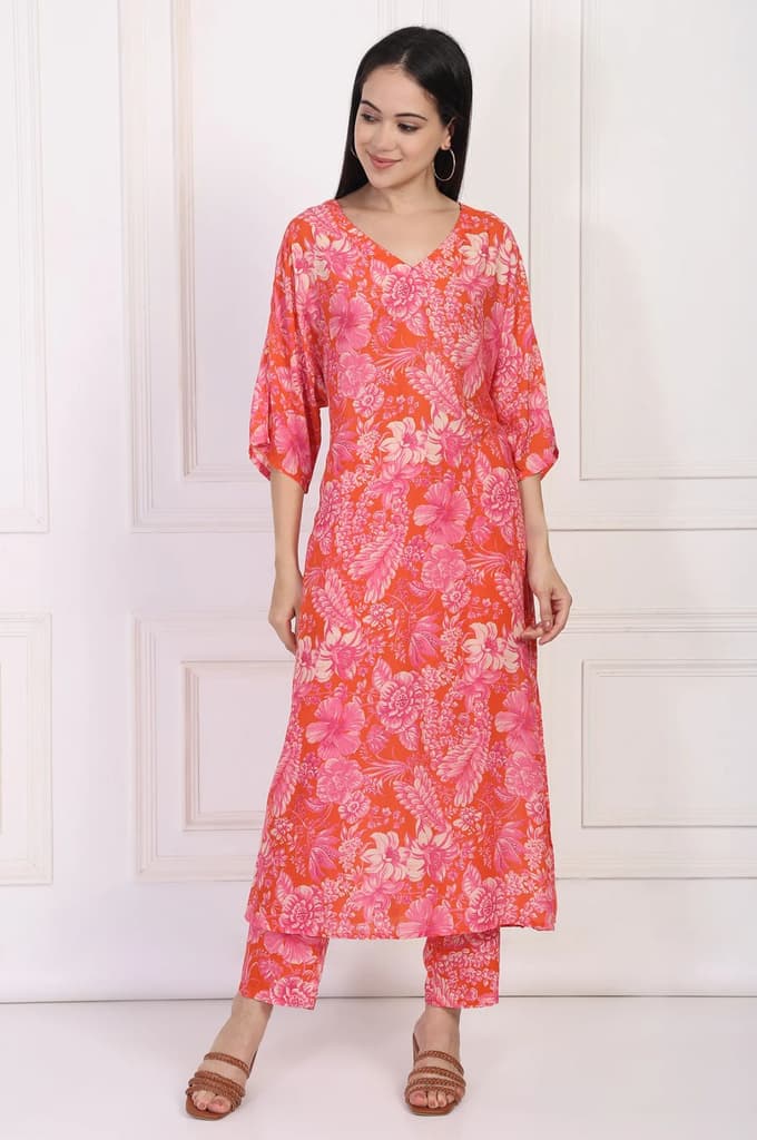 Orange Floral Printed Kaftan Modal Kurta with Pant
