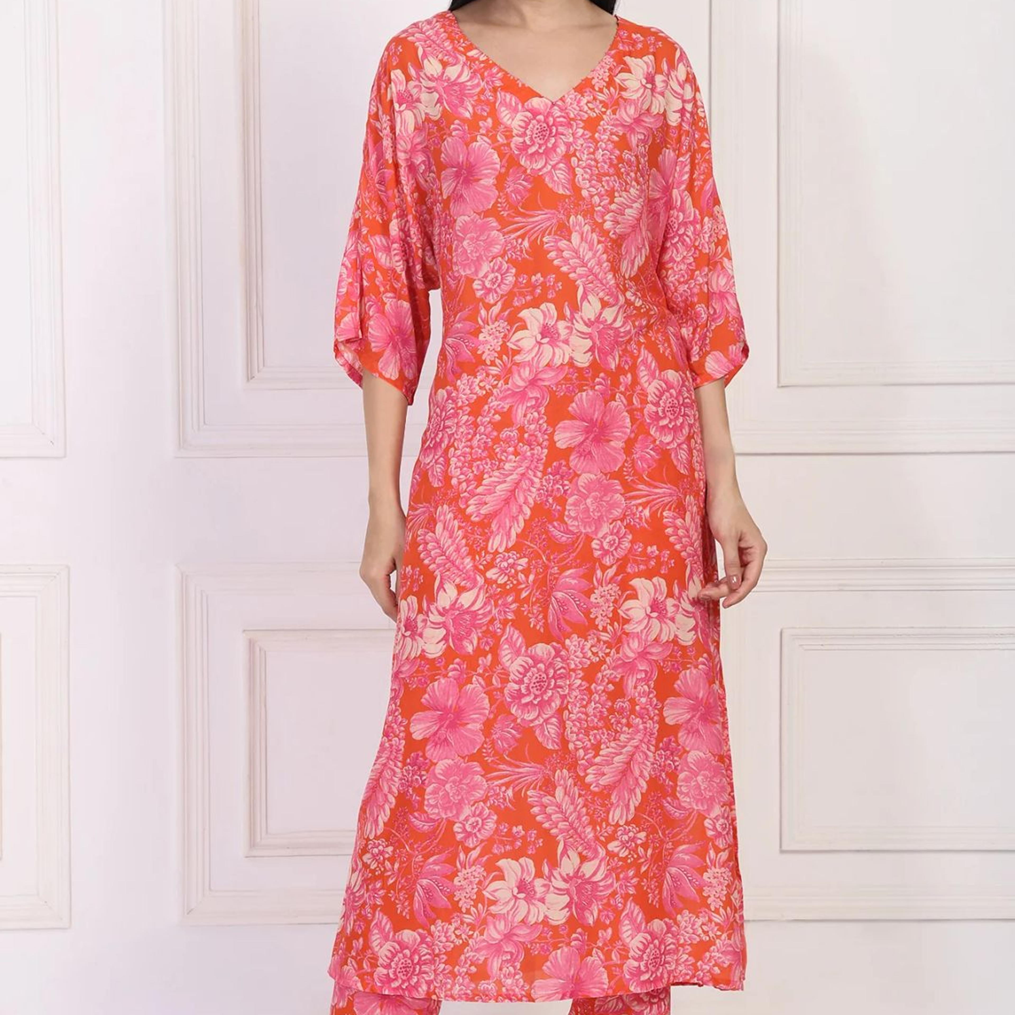 Orange Floral Printed Kaftan Modal Kurta with Pant