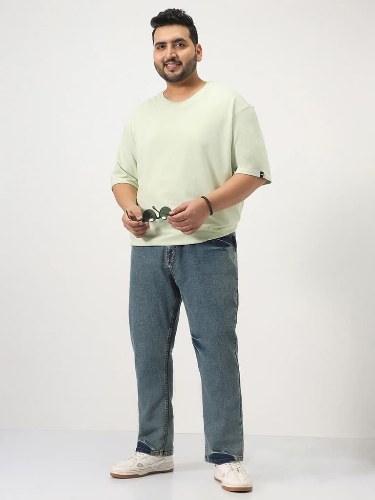 Plus Men's Light Blue Straight Fit Heavy Washed Jeans Stretchable — photo 4