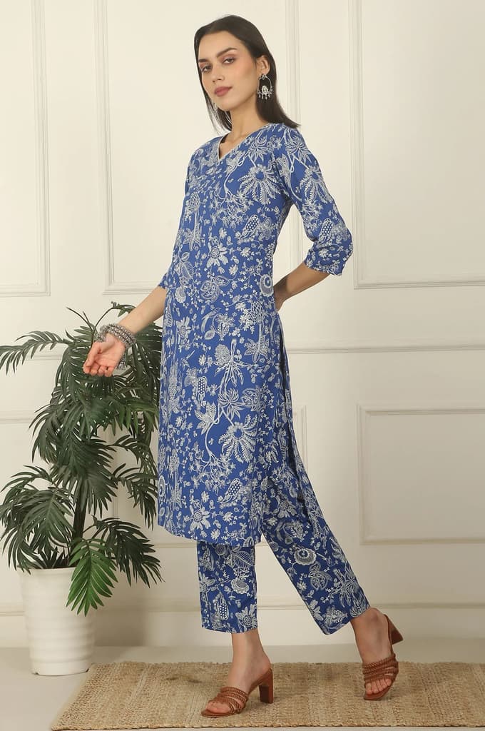 Blue Floral Printed Modal Straight Kurta and Pants Co-ord Set — photo 5