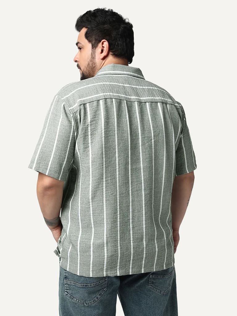 Plus Men's Steel Cotton Half Sleeve Relaxed Fit Linen Striped Shirt with Cuban Collar — photo 3