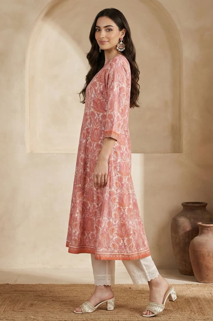 Peach Paisley Printed Sequins Modal Anarkali Kurta — photo 5