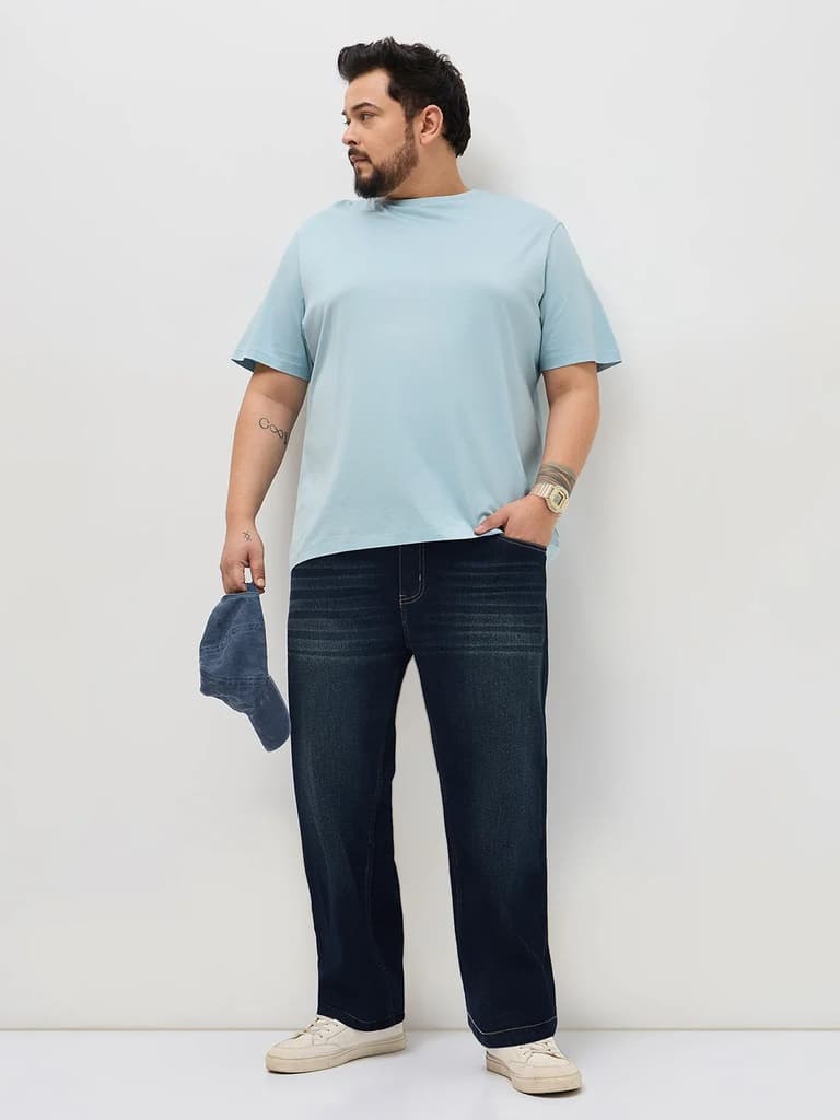 Plus Men's Dark Blue Regular Fit Whisker Washed Yellow Tint Denim Jeans Stretchable — photo 4