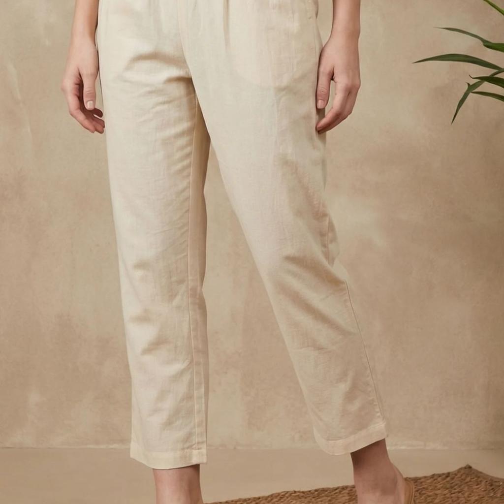 Beige Solid Pure Cotton Ankle Length Straight Pants