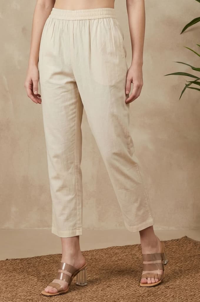 Beige Solid Pure Cotton Ankle Length Straight Pants — XS
