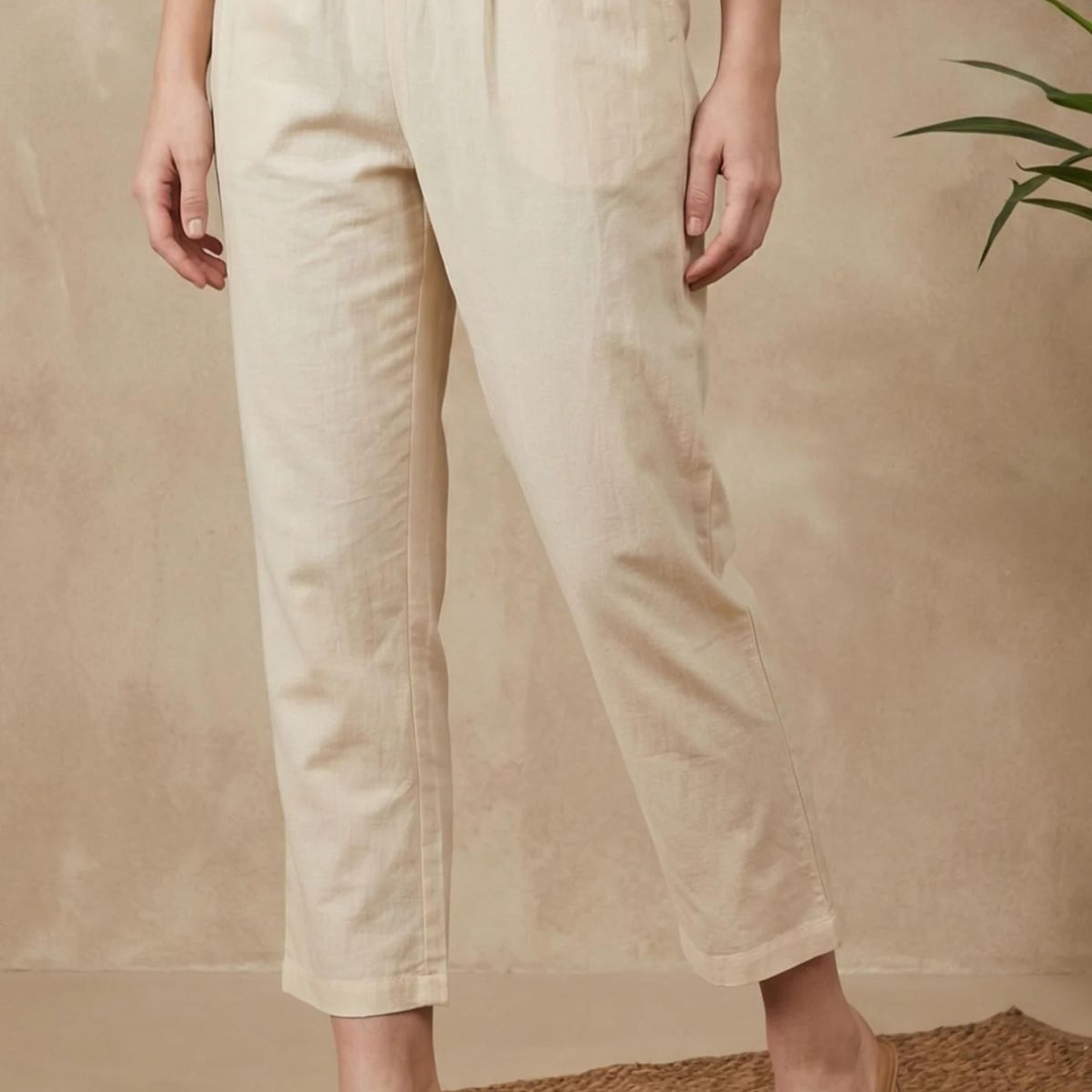 Beige Solid Pure Cotton Ankle Length Straight Pants