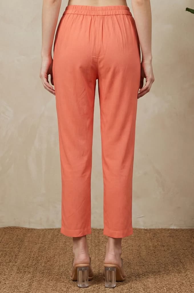 Peach Solid Pure Cotton Ankle Length Straight Pants — photo 4
