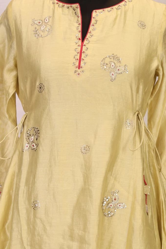 Gold Embroidered Mirror Work Cotton Blend A-line Kurta — photo 2