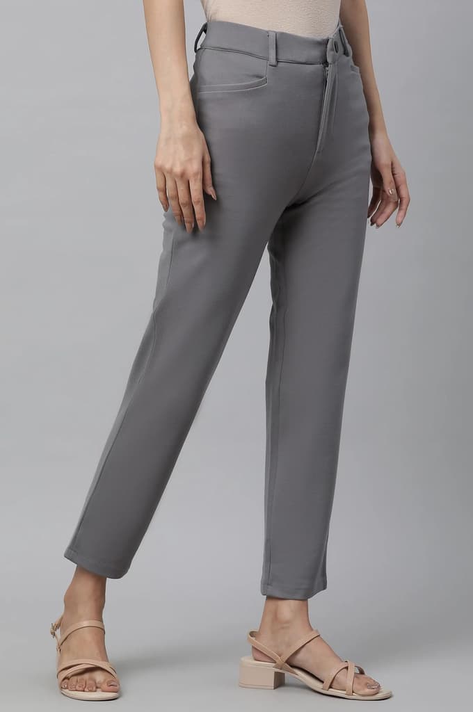 Grey Solid Slim Fit Pants With Front Zip — photo 4