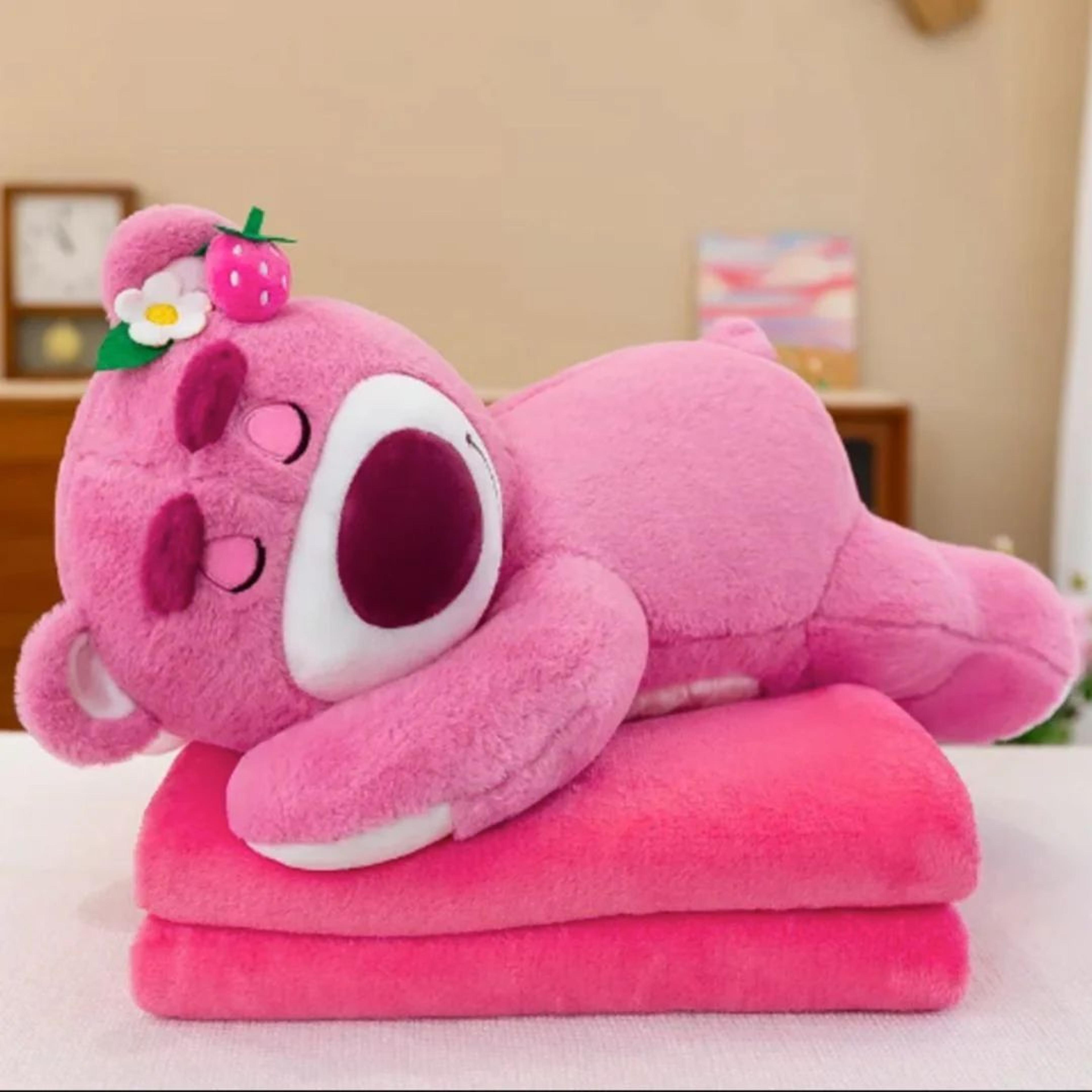 Sleepy Pink Bear Plush Pillow with Blanket