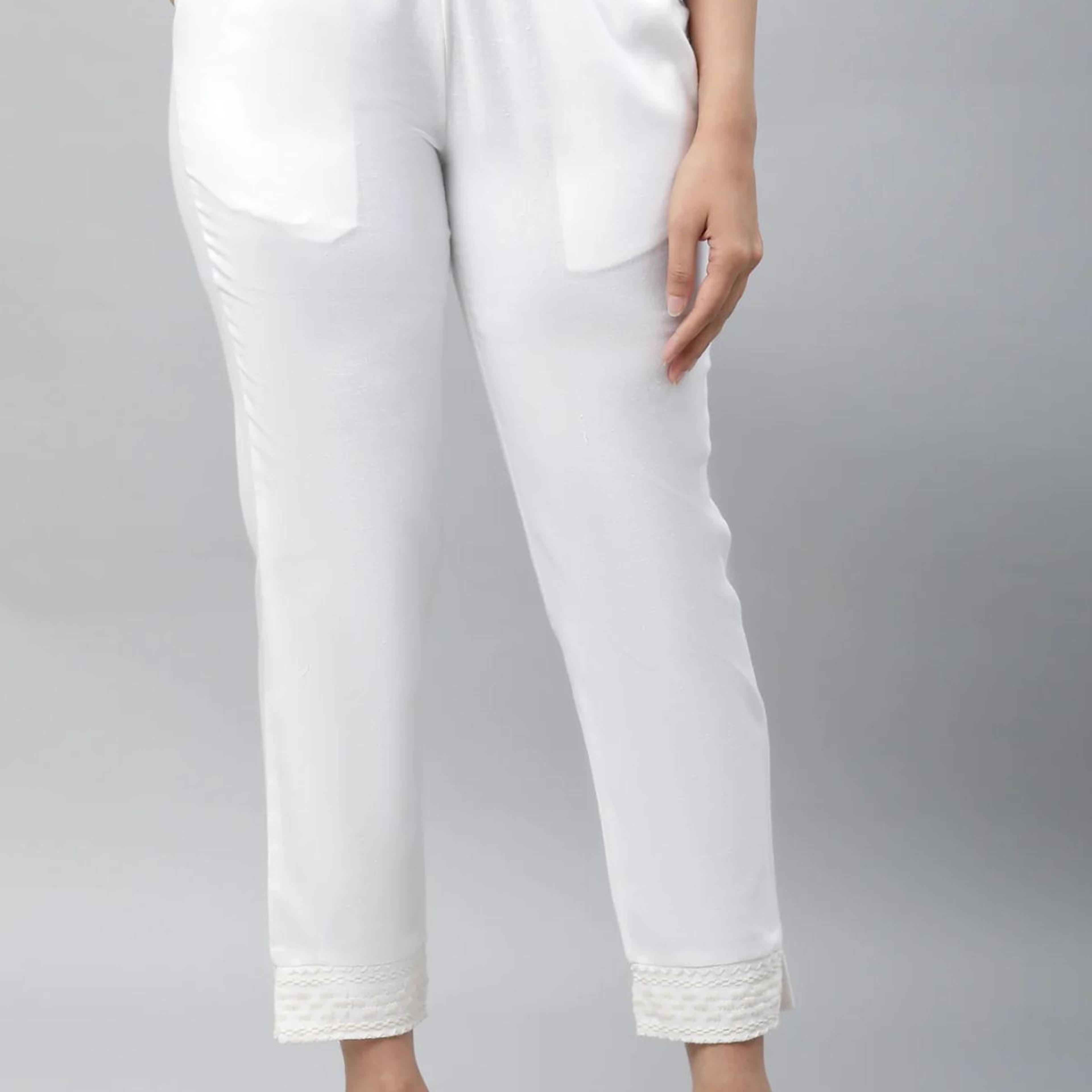White Solid Straight Fit Cotton Trousers With Embroidered Hemline