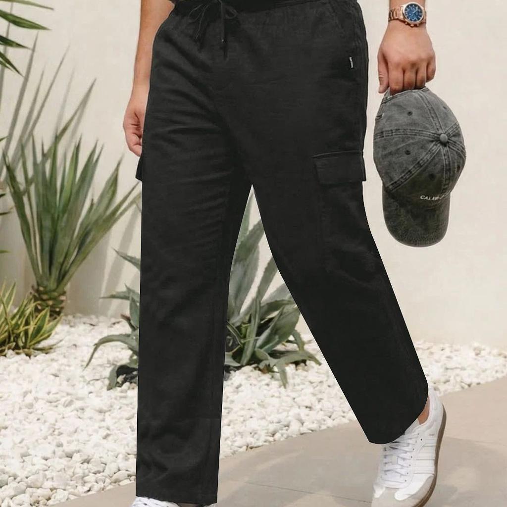 Plus Men's Black Straight Fit Linen Cargo Pants with 6 Pockets