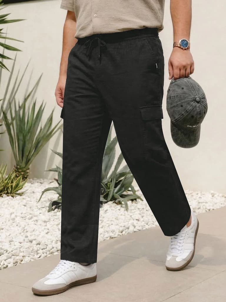 Plus Men's Black Straight Fit Linen Cargo Pants with 6 Pockets — 36 / Black