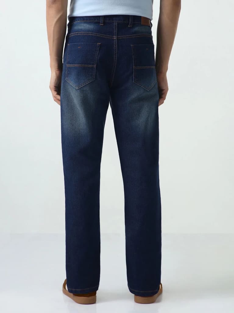 Men's Dark Blue Straight Fit Heavy Washed Jeans Stretchable — photo 3