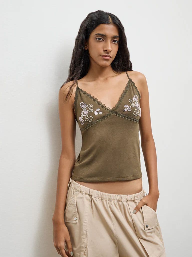 Nuon Olive Embellished Cotton-Blend Top — photo 2