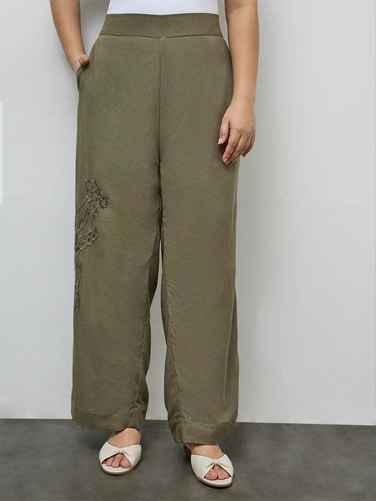Gia Olive Floral Embroidered High-Rise Trousers — photo 2