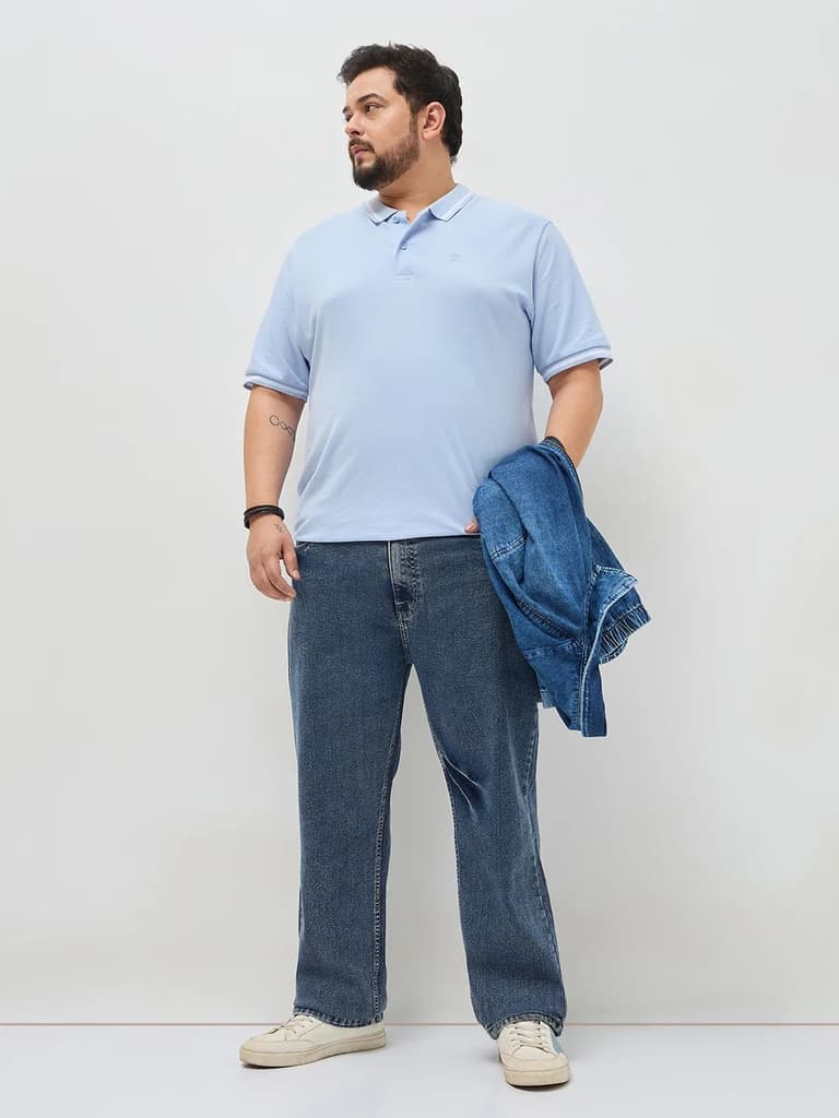 Plus Men's Light Blue Regular Fit Acid Washed Denim Jeans Stretchable — photo 4