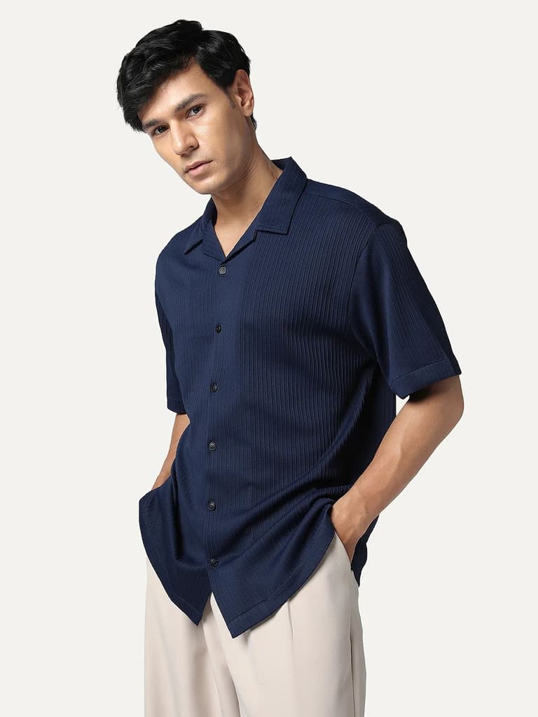 Men's Navy Cotton Half Sleeve Oversized Fit Textured Shirt with Cuban Collar — photo 2
