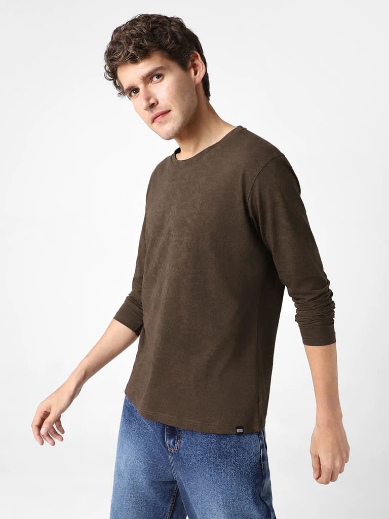 Men's Chicory Coffee Printed Full Sleeve Slim Fit Cotton T-Shirt — S / Chicory Coffee