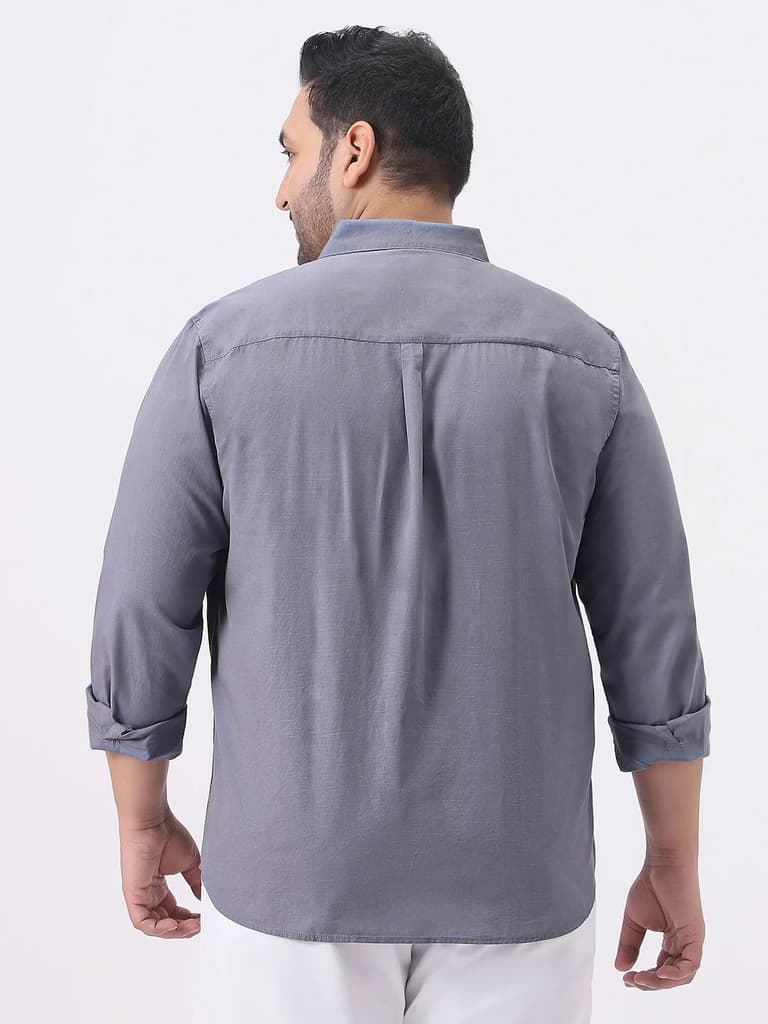 Plus Men's Grey Cotton Full Sleeve Regular Fit Casual Solid Slub Shirt with Spread Collar — photo 3