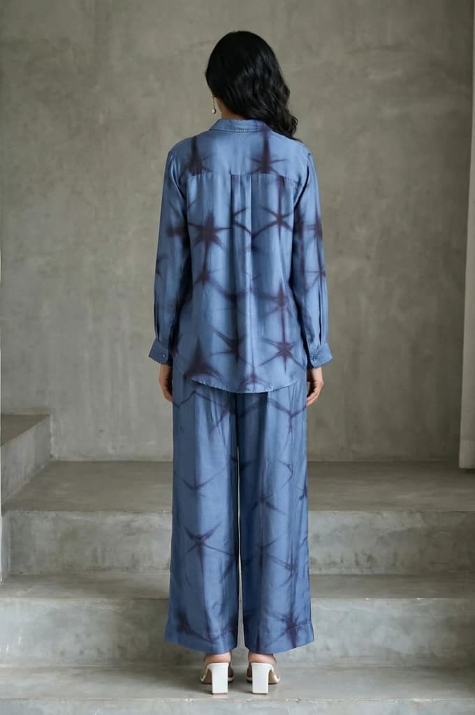 Blue Shibori Printed Satin Straight Top with Pants Co-ord Set — photo 5