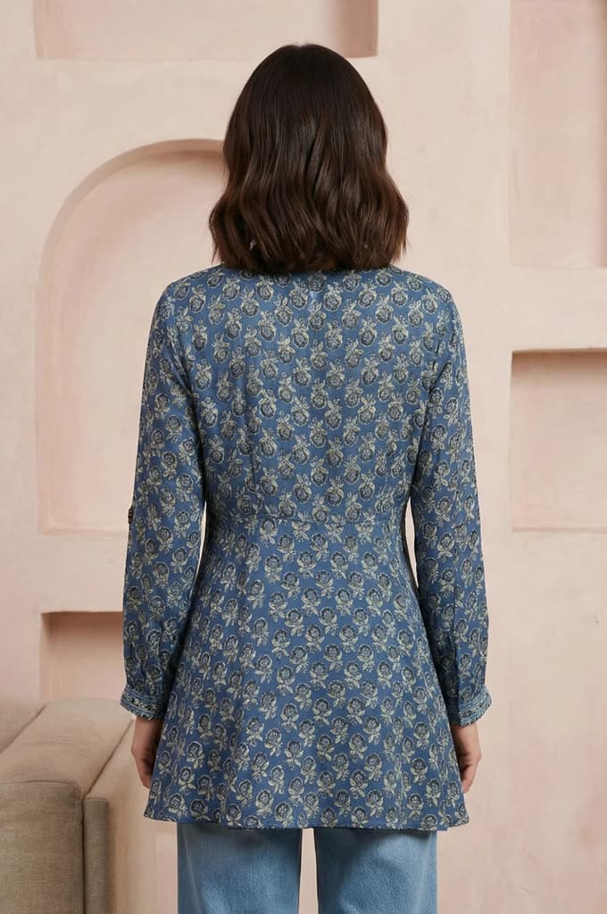 Blue Block Printed Modal Satin A-line Top — photo 5