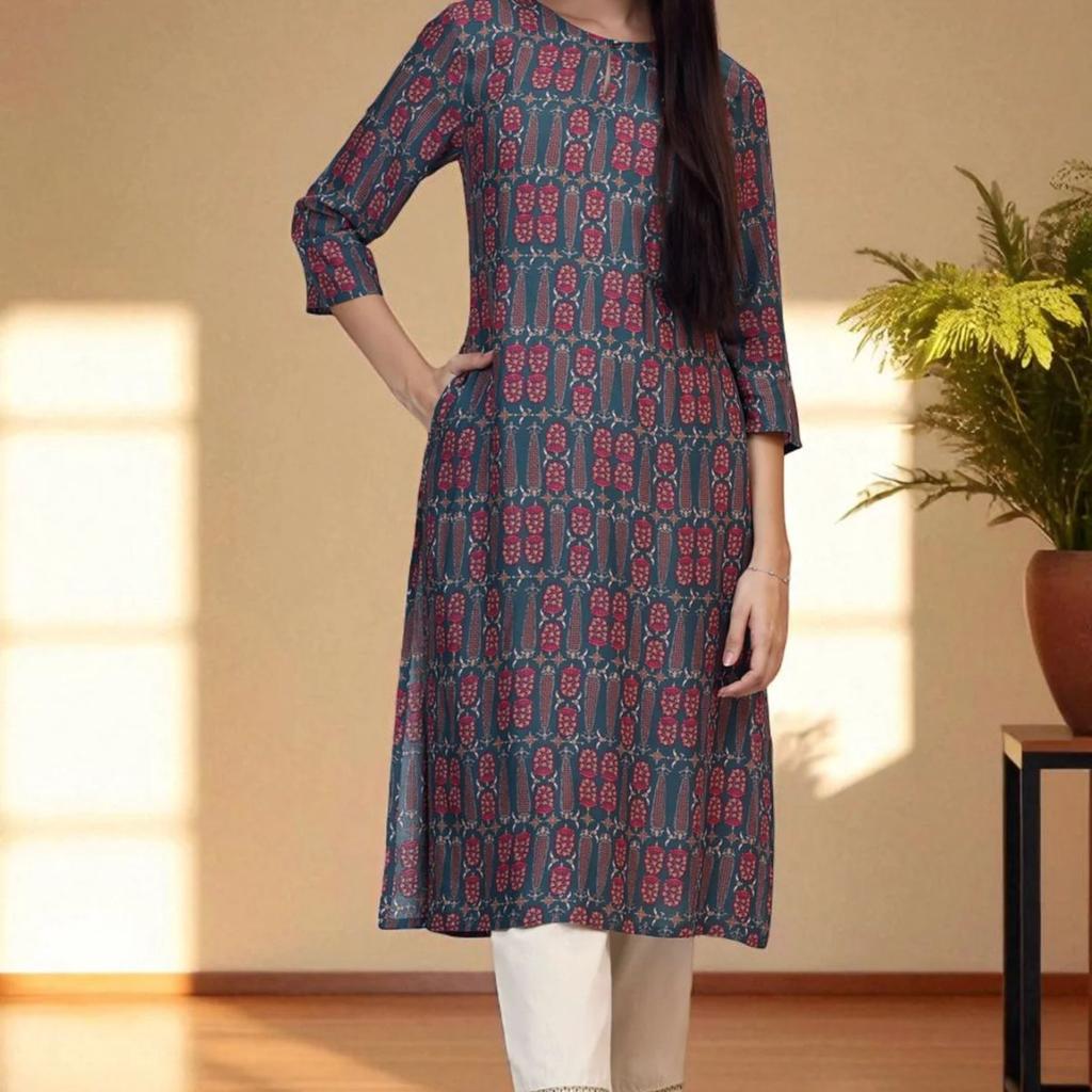 Forest Green Paisley Printed Rayon Straight Kurta
