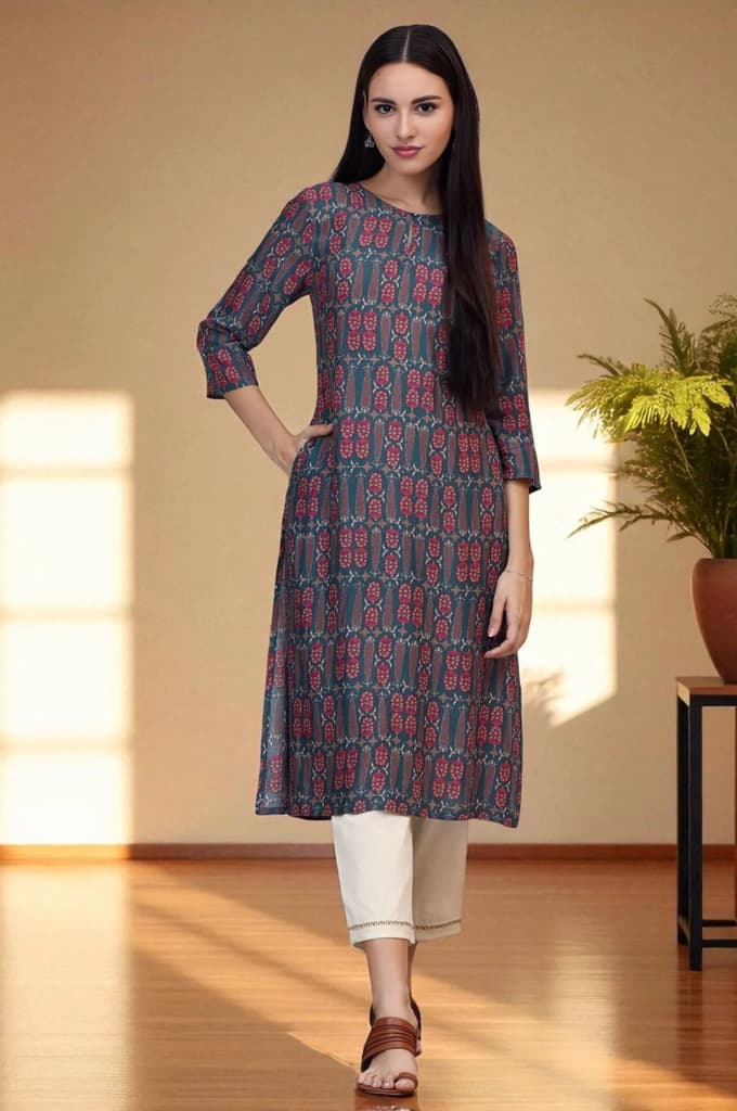 Forest Green Paisley Printed Rayon Straight Kurta — XS