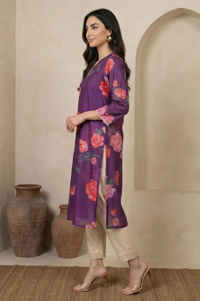 Purple Floral Printed Chanderi Straight Kurta — photo 4