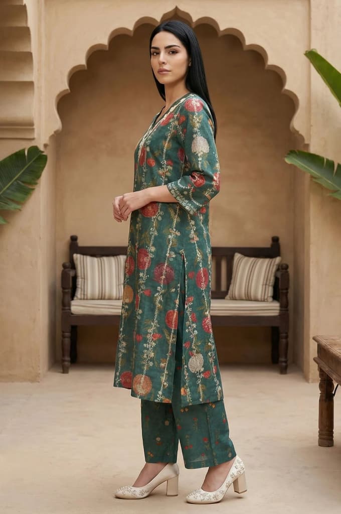 Green Floral Printed Straight Kurta with Flared Pants and Dupatta Set — photo 3