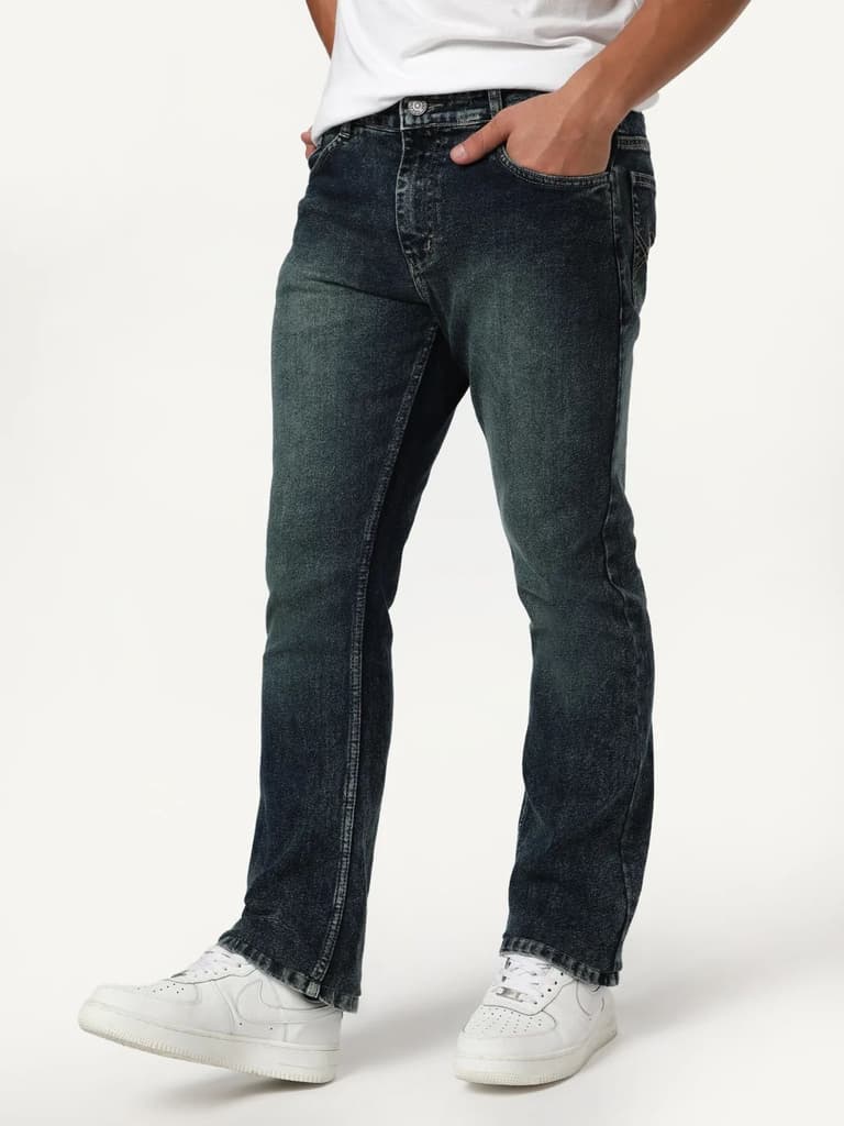Men's Dark Blue Bootcut Fit Mid Rise Tinted Heavy Washed Jeans Stretchable — photo 2