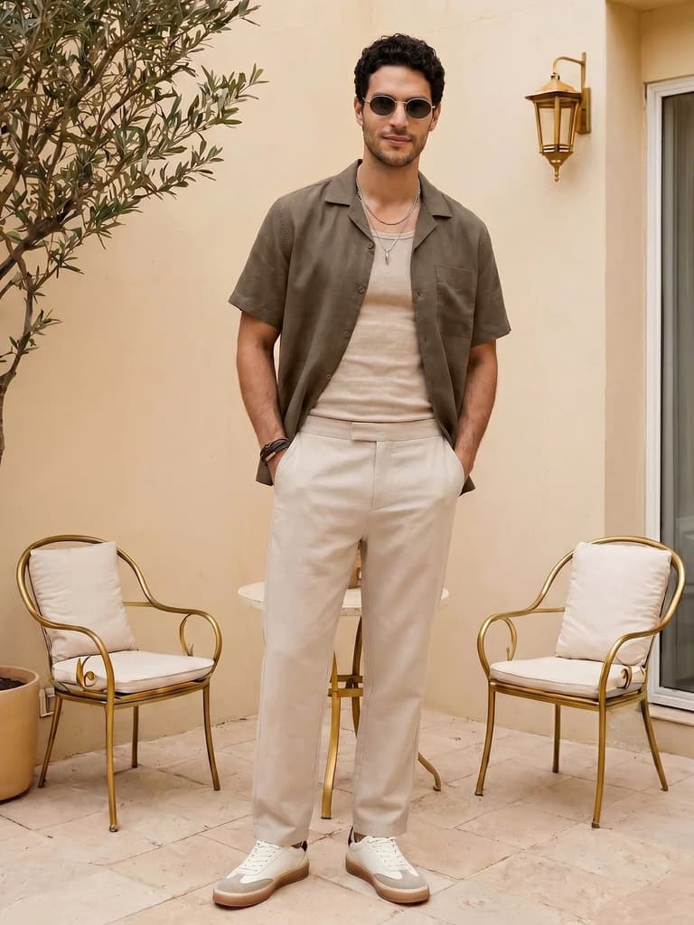 Men's Coffee Linen Half Sleeve Oversized Fit Shirt with Cuban Collar — photo 4