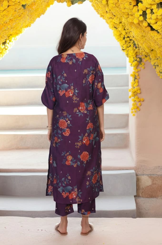 Purple Floral Printed A-line Rayon Kurta with Pant Set — photo 5