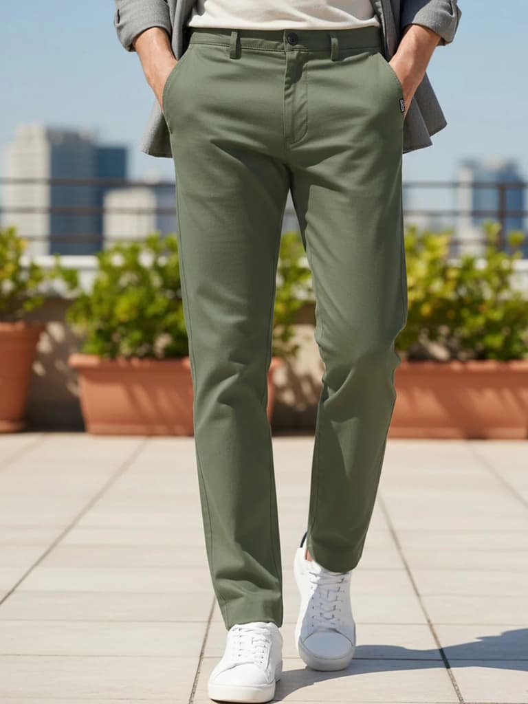 Men's Sage Green Cotton Regular Fit Casual Chinos Trousers Stretch — 28 / Sage Green
