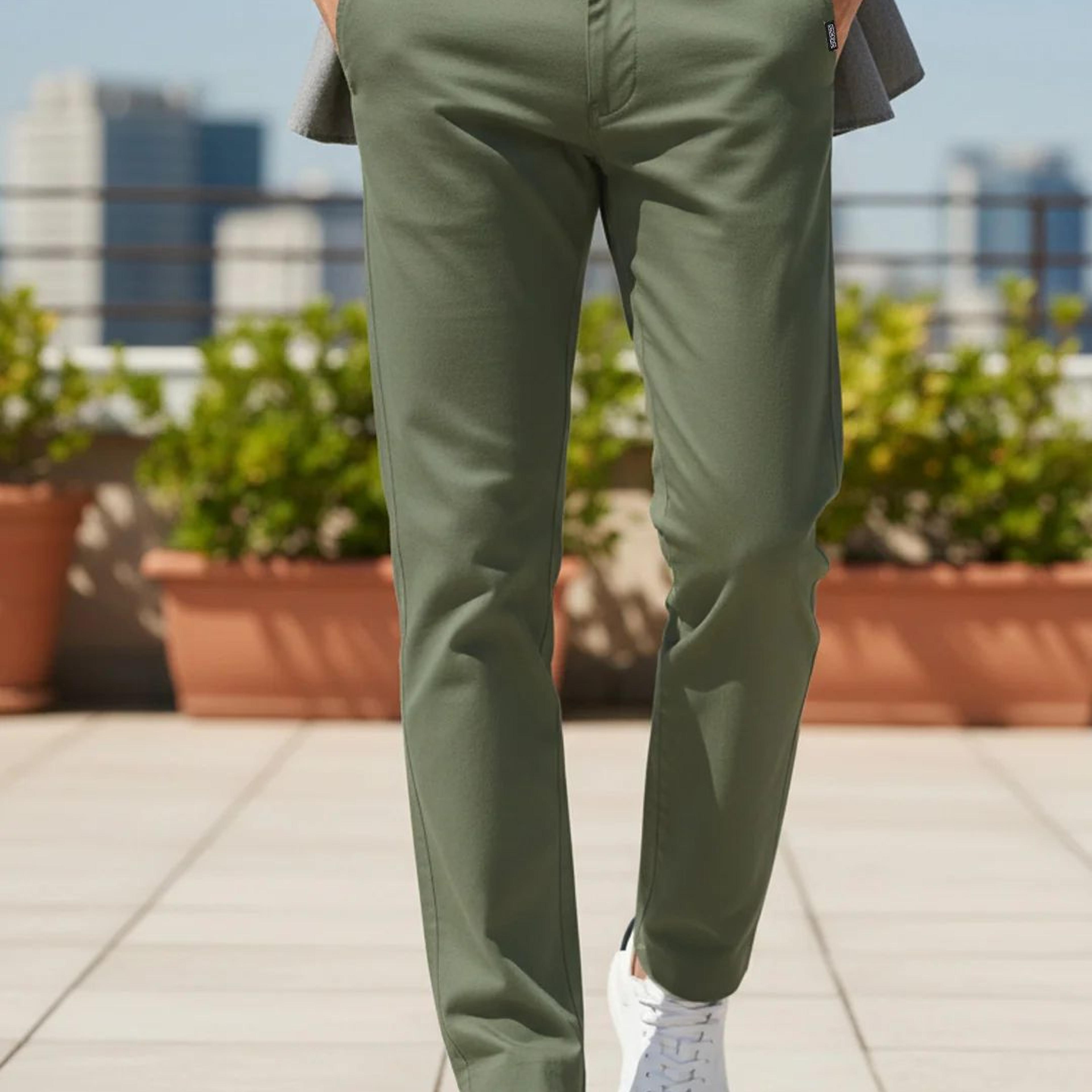 Men's Sage Green Cotton Regular Fit Casual Chinos Trousers Stretch