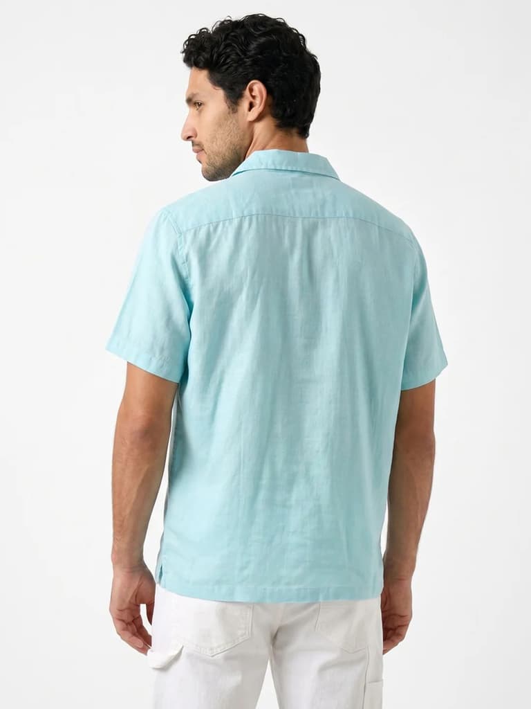 Men's Sky Blue Linen Half Sleeve Oversized Fit Shirt with Cuban Collar — photo 3
