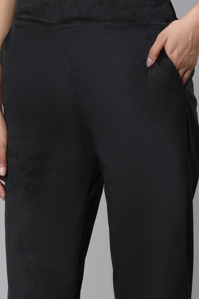 Black Solid Straight Fit Pants With Elasticated Waist — photo 7